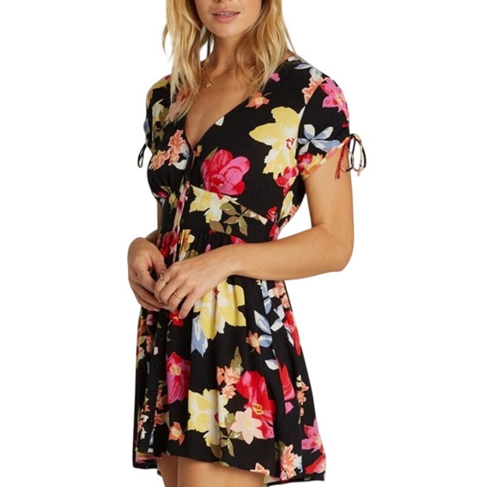 Billabong Black Floral Button Front Twirl Twist A-Line Mini Dress Size Large